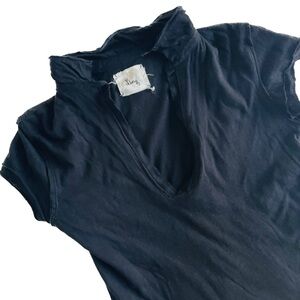 LINQ | S | Raw Hem Black Plunge V Neck Stretch Short Sleeve Polo Top NWOT